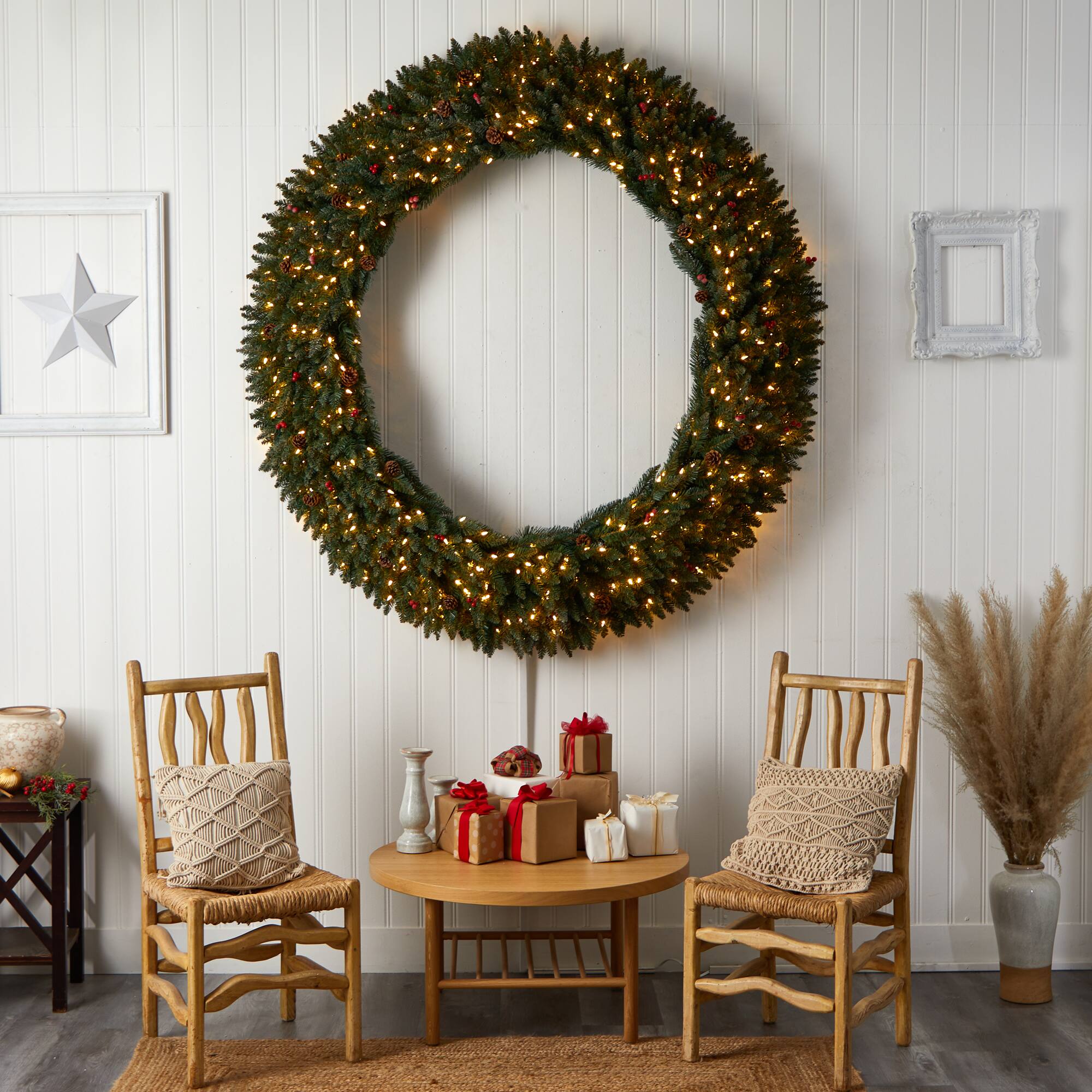 6ft. Clear LED Lights Flocked Artificial Christmas Wreath With Pinecones & Berries
